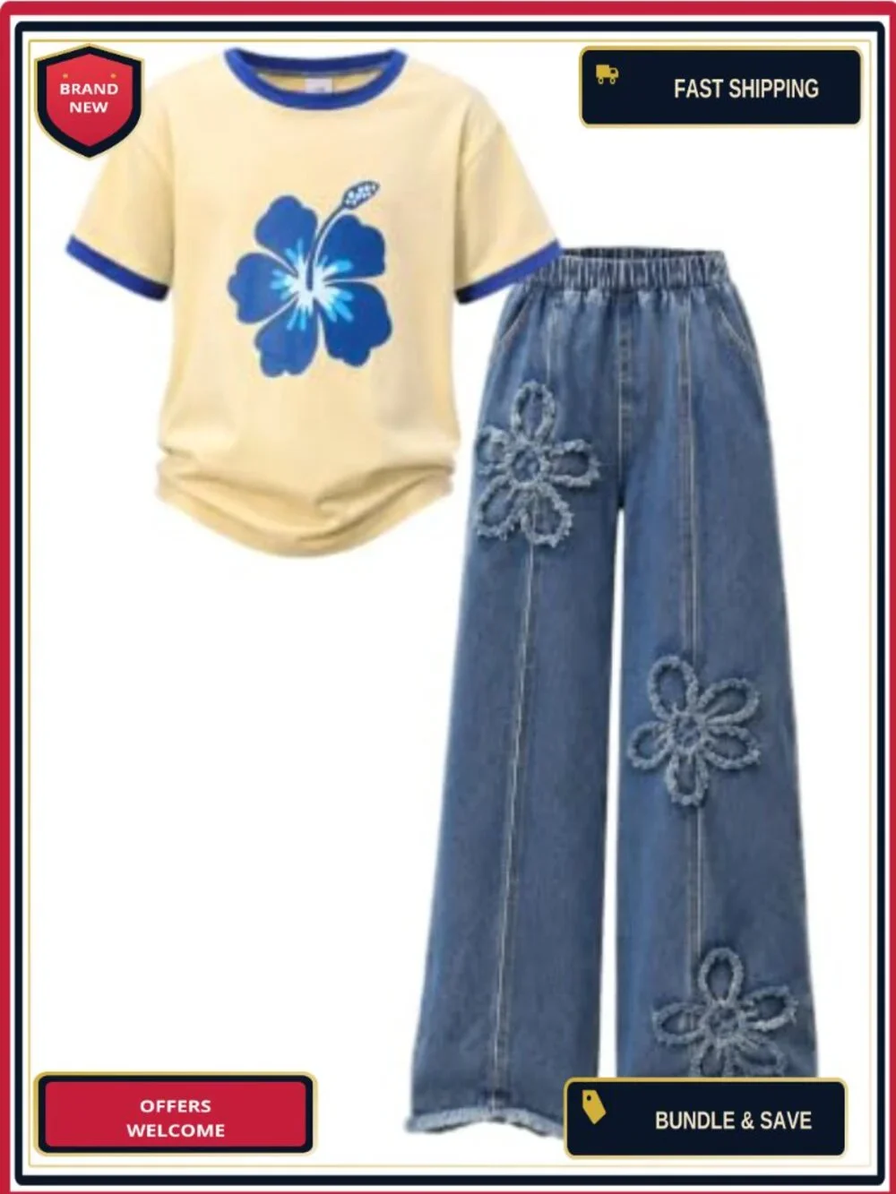 Tween Girls 2 Piece Outfit Short Sleeve Top & Wide Leg Jeans Fall Set 7-14Y